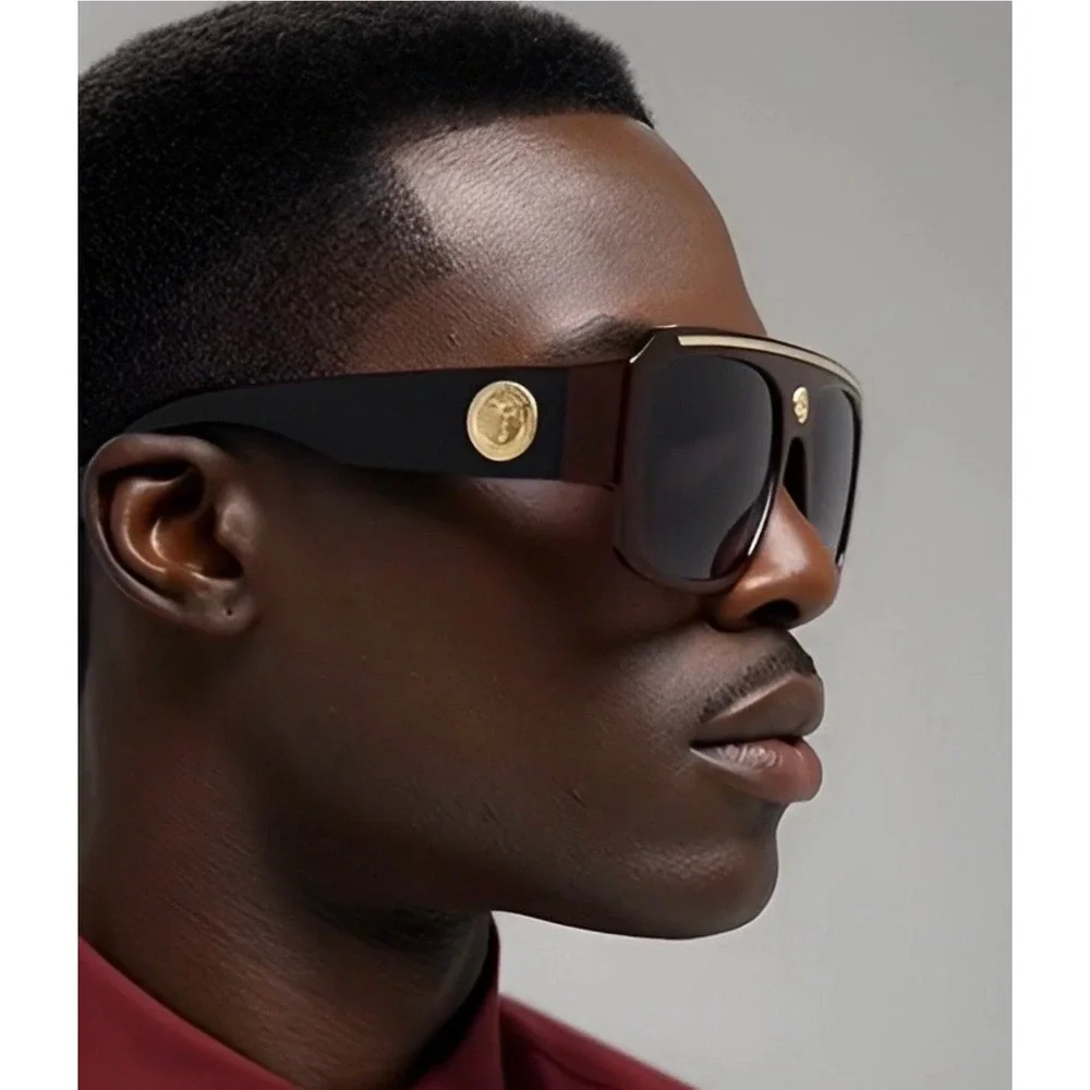 Oversized‎ Flat Top Shield Sunglasses Burgundy Black Gold Medallion Square UV400